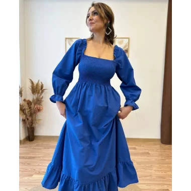 Kadın Uzun Kollu Kare Yakalı Gipeli Uzun Trikoton Elbise