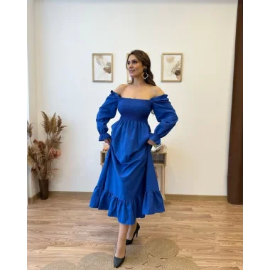 Kadın Uzun Kollu Kare Yakalı Gipeli Uzun Trikoton Elbise