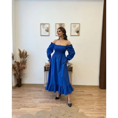 Kadın Uzun Kollu Kare Yakalı Gipeli Uzun Trikoton Elbise