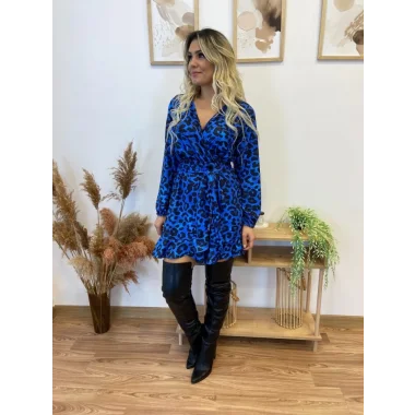 Kadın Uzun Kollu Kruvaze Yaka Belden Kuşaklı Leopar Desenli Dalgıç Elbise