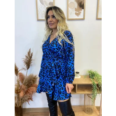 Kadın Uzun Kollu Kruvaze Yaka Belden Kuşaklı Leopar Desenli Dalgıç Elbise