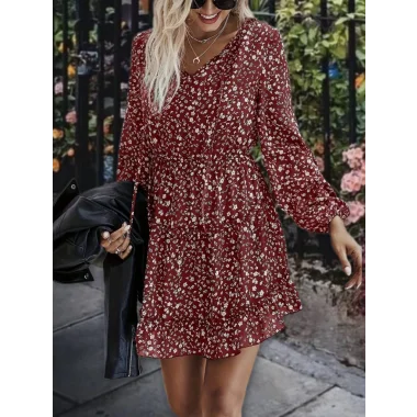 Kadın Uzun Kollu V Yaka Bağcıklı Belden Gipeli çiçek Baskılı Kısa Süprem Elbise