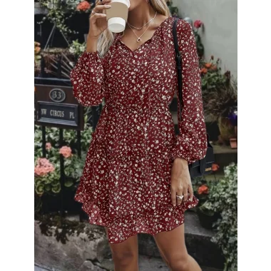 Kadın Uzun Kollu V Yaka Bağcıklı Belden Gipeli çiçek Baskılı Kısa Süprem Elbise