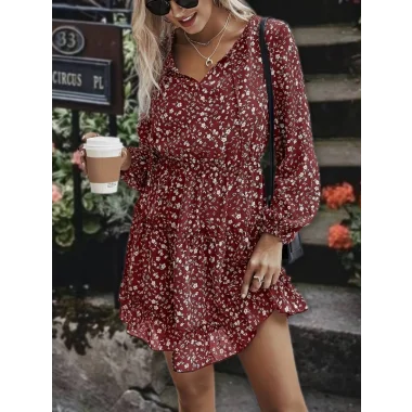 Kadın Uzun Kollu V Yaka Bağcıklı Belden Gipeli çiçek Baskılı Kısa Süprem Elbise