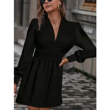 Kadın Uzun Kollu V Yaka Belden Hafif Pileli Scuba Krep Mini Boy Elbise