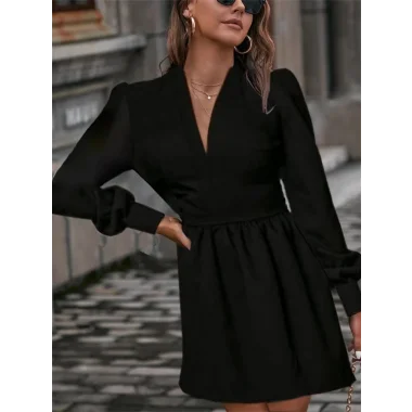 Kadın Uzun Kollu V Yaka Belden Hafif Pileli Scuba Krep Mini Boy Elbise