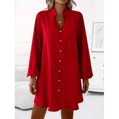 Kadın Uzun Kollu V Yakalı önden Düğmeli Kısa Sandy Elbise