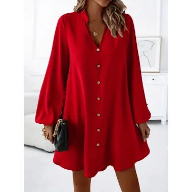 Kadın Uzun Kollu V Yakalı önden Düğmeli Kısa Sandy Elbise