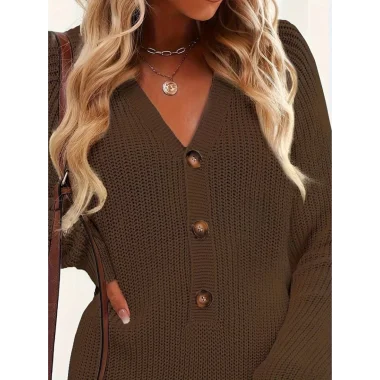 Kadın Uzun Kollu V Yakalı önden Düğmeli Kısa Triko Elbise