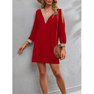 Kadın Uzun Kollu Yaka Ve Kol Manşet Güpürlü Detay Krep Mini Boy Elbise