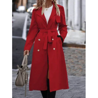 Kadın Uzun Kollu Yakalı önden Düğmeli Beli Kuşaklı Midi Gabardin Trençkot
