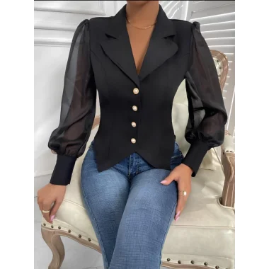 Kadın Uzun Kollu Yakalı önden Ve Koldan Düğmeli Atlas Bluz