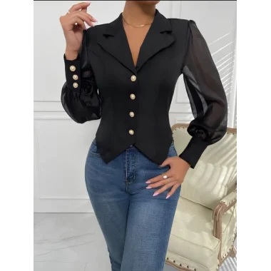 Kadın Uzun Kollu Yakalı önden Ve Koldan Düğmeli Atlas Bluz