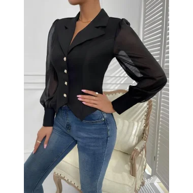 Kadın Uzun Kollu Yakalı önden Ve Koldan Düğmeli Atlas Bluz