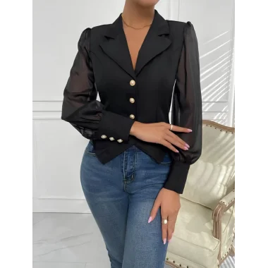 Kadın Uzun Kollu Yakalı önden Ve Koldan Düğmeli Atlas Bluz