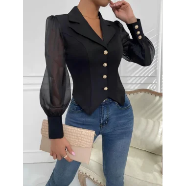 Kadın Uzun Kollu Yakalı önden Ve Koldan Düğmeli Atlas Bluz