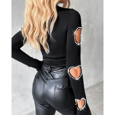 Kadın Uzun Kollu Yarı Balıkçı Yaka Pencere Detaylı Kolları Kalp Desen Taşlı Viskon Bluz