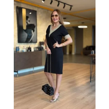 Kadın V Yaka Güpürlü İki İplik Elbise