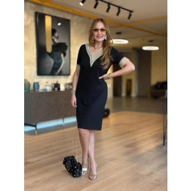 Kadın V Yaka Güpürlü İki İplik Elbise