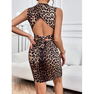 Kadın Yarı Balıkçı Yaka Arkadan çapraz Detaylı Bağlamalı Leopar Kısa Dalgıç Elbise
