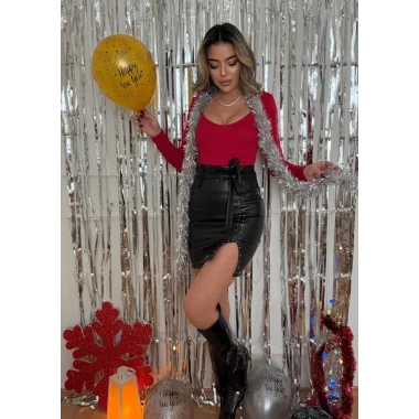 Kadın Yılbaşı özel Kalın Kemerli Kuşaklı Bir Tarafı Taşlı Küçük Yırtmaçlı Deri Mini Etek