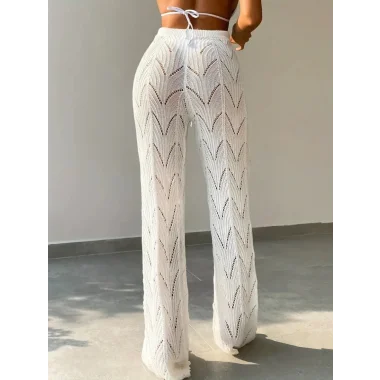 Kadın Yüksek Bel Bağcıklı Desenli Triko Plaj Pantolon