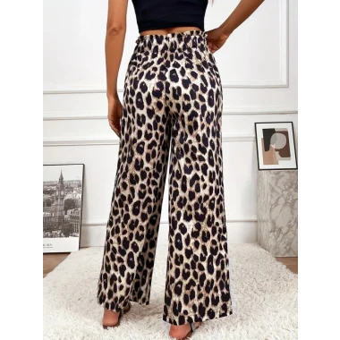 Kadın Yüksek Bel Beli Lastikli Bağcıklı Leopar Desenli Süprem Pantolon