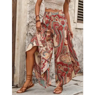 Kadın Yüksek Bel Beli Lastikli Desenli Geniş Paçalı Süprem Pantolon