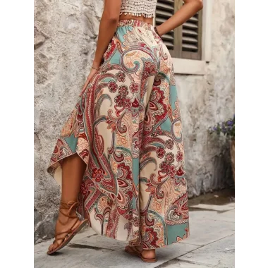 Kadın Yüksek Bel Beli Lastikli Desenli Geniş Paçalı Süprem Pantolon