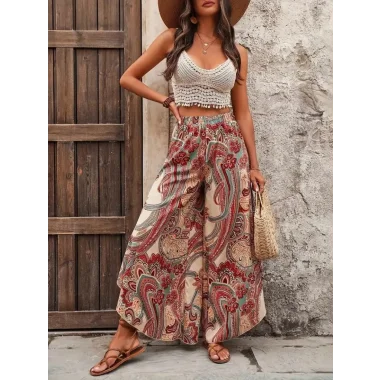 Kadın Yüksek Bel Beli Lastikli Desenli Geniş Paçalı Süprem Pantolon