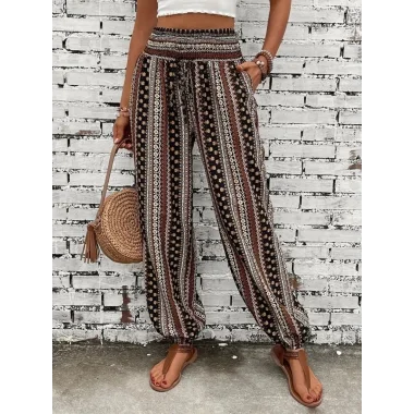 Kadın Yüksek Bel Etnik Desenli Geniş Dökümlü Bürümcük Pantolon