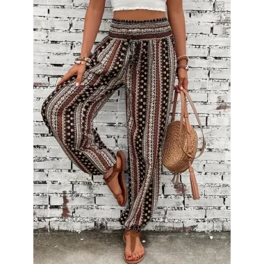 Kadın Yüksek Bel Etnik Desenli Geniş Dökümlü Bürümcük Pantolon