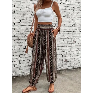 Kadın Yüksek Bel Etnik Desenli Geniş Dökümlü Bürümcük Pantolon