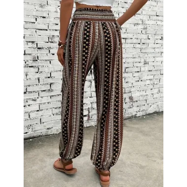 Kadın Yüksek Bel Etnik Desenli Geniş Dökümlü Bürümcük Pantolon