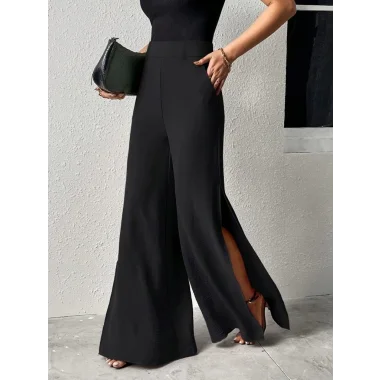 Kadın Yüksek Bel Yandan Fermuarlı Yırtmaçlı Geniş Paçalı Aerobin Pantolon