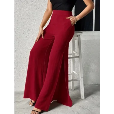 Kadın Yüksek Bel Yandan Fermuarlı Yırtmaçlı Geniş Paçalı Aerobin Pantolon