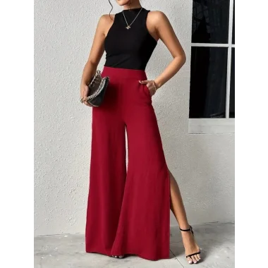 Kadın Yüksek Bel Yandan Fermuarlı Yırtmaçlı Geniş Paçalı Aerobin Pantolon