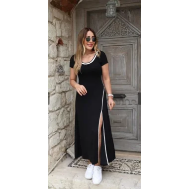 Kadın Yuvarlak Ribana Yaka Beyaz Yırtmaç Detaylı Viskon Tam Boy Elbise