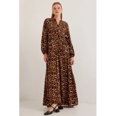 Kahverengi Bej Viskon Tesettür Elbise 2423