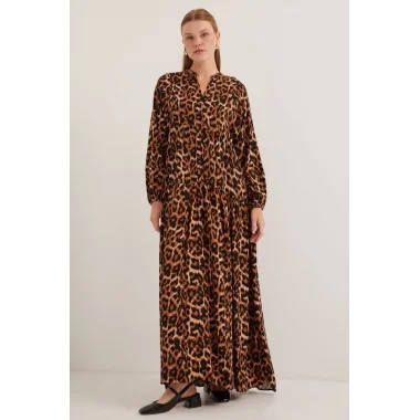 Kahverengi Bej Viskon Tesettür Elbise 2423