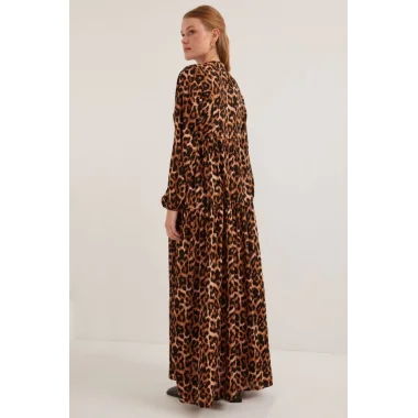 Kahverengi Bej Viskon Tesettür Elbise 2423