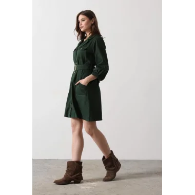 Kemer Detaylı Gabardin Elbise - Haki