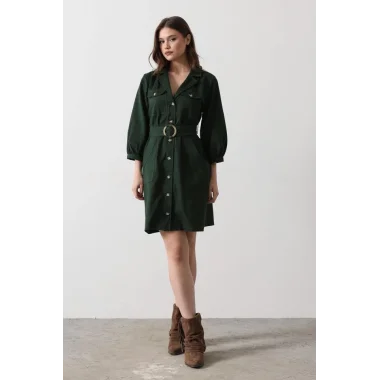 Kemer Detaylı Gabardin Elbise - Haki