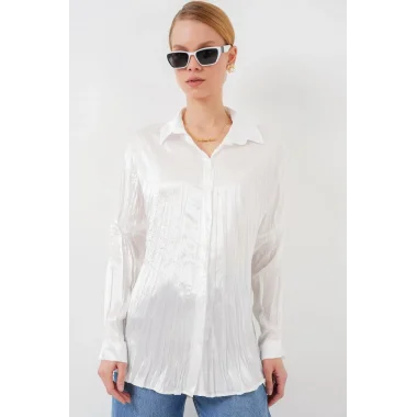 Kırışık Saten Gömlek 20316 - Beyaz