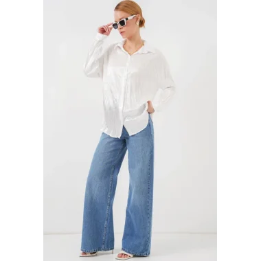 Kırışık Saten Gömlek 20316 - Beyaz