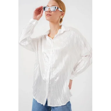 Kırışık Saten Gömlek 20316 - Beyaz