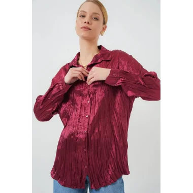 Kırışık Saten Gömlek 20316 - Bordo