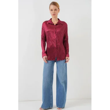 Kırışık Saten Gömlek 20316 - Bordo