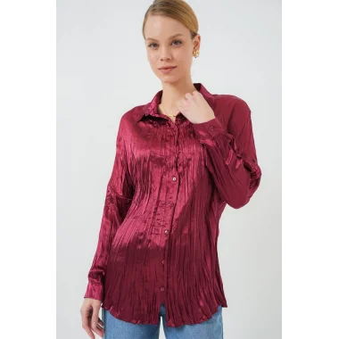 Kırışık Saten Gömlek 20316 - Bordo