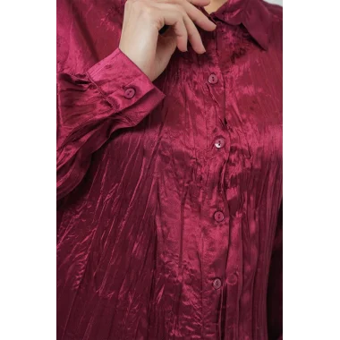Kırışık Saten Gömlek 20316 - Bordo